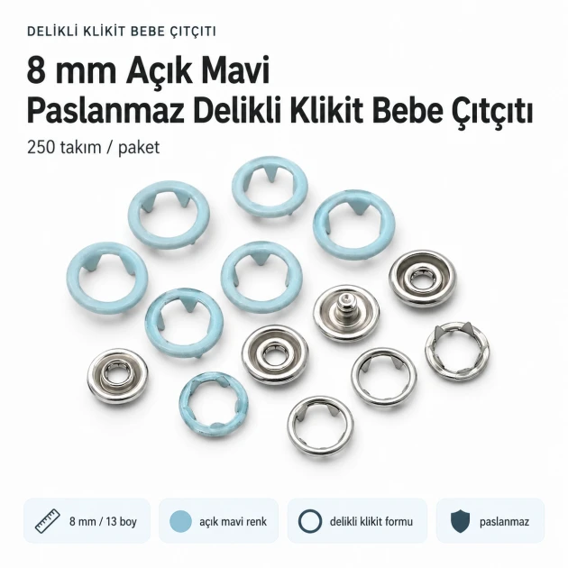 8 mm / 0.31 in Light Blue Stainless Ring-Style Prong Snap Fasteners for babywear and children's clothing