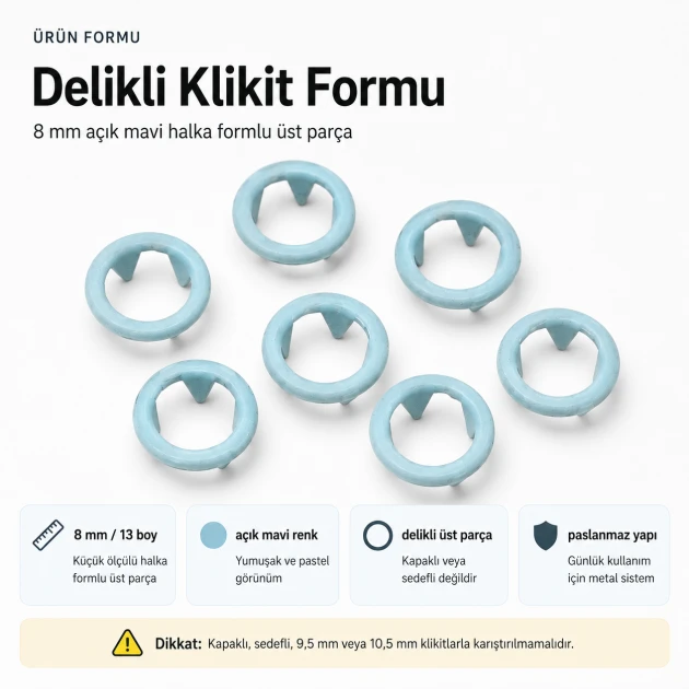 8 mm / 0.31 in Light Blue Stainless Ring-Style Prong Snap Fasteners for babywear and children's clothing