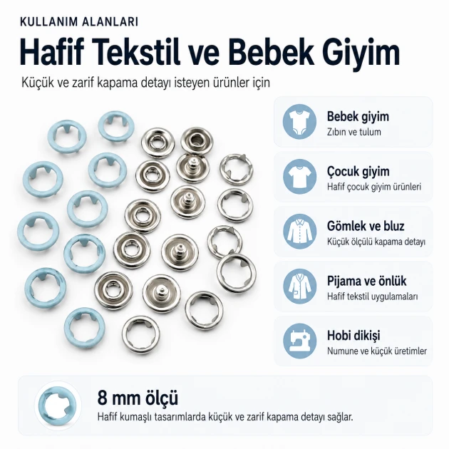 8 mm / 0.31 in Light Blue Stainless Ring-Style Prong Snap Fasteners for babywear and children's clothing