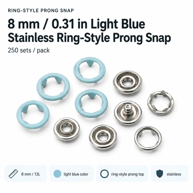 8 mm / 0.31 in Light Blue Stainless Ring-Style Prong Snap Fasteners for babywear and children's clothing