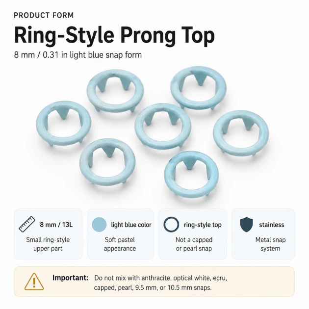 8 mm / 0.31 in Light Blue Stainless Ring-Style Prong Snap Fasteners for babywear and children's clothing