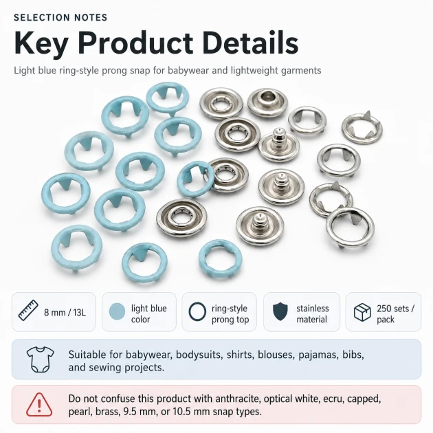 8 mm / 0.31 in Light Blue Stainless Ring-Style Prong Snap Fasteners for babywear and children's clothing