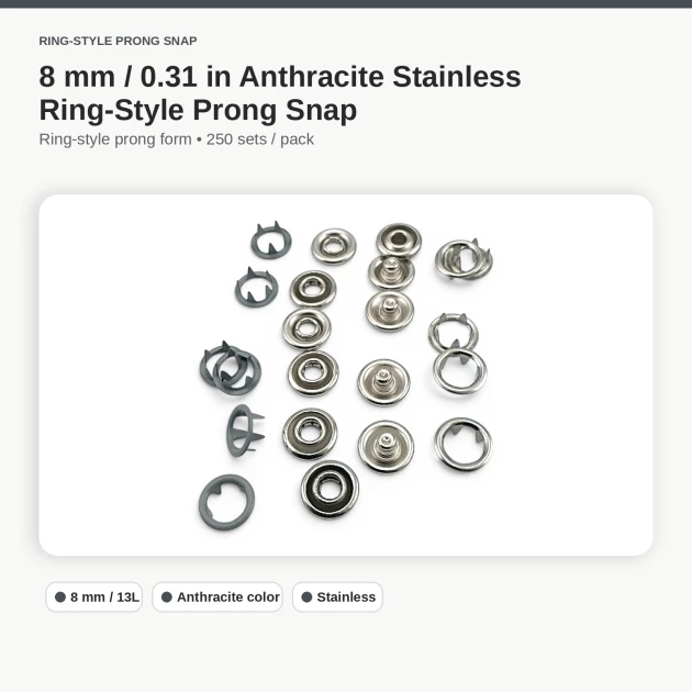 8 mm / 0.31 in Anthracite Stainless Ring-Style Prong Snap Fasteners, 250 Sets/Pack ERBCLK0008PANT