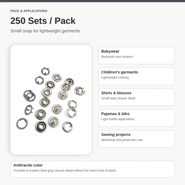 8 mm / 0.31 in Anthracite Stainless Ring-Style Prong Snap Fasteners, 250 Sets/Pack ERBCLK0008PANT