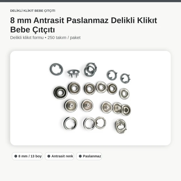 8 mm / 0.31 in Anthracite Stainless Ring-Style Prong Snap Fasteners, 250 Sets/Pack ERBCLK0008PANT