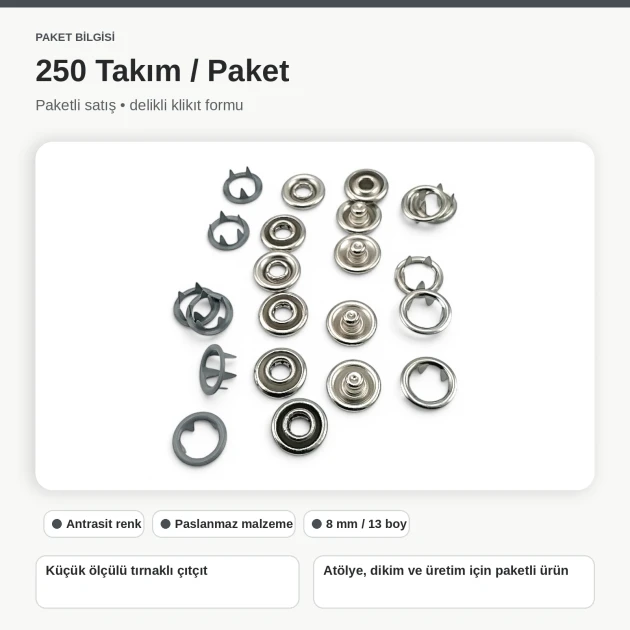 8 mm / 0.31 in Anthracite Stainless Ring-Style Prong Snap Fasteners, 250 Sets/Pack ERBCLK0008PANT