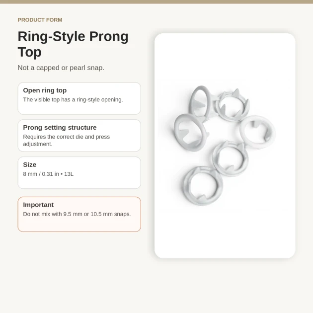 8 mm / 0.31 in Ecru Stainless Ring-Style Prong Snap Fasteners for babywear and children's clothing, 250 sets per pack