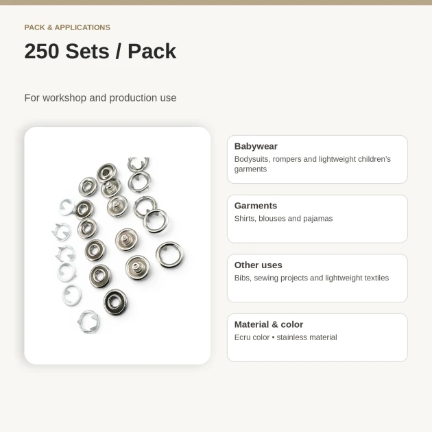 8 mm / 0.31 in Ecru Stainless Ring-Style Prong Snap Fasteners for babywear and children's clothing, 250 sets per pack