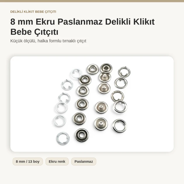 8 mm / 0.31 in Ecru Stainless Ring-Style Prong Snap Fasteners for babywear and children's clothing, 250 sets per pack