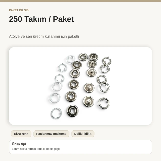8 mm / 0.31 in Ecru Stainless Ring-Style Prong Snap Fasteners for babywear and children's clothing, 250 sets per pack
