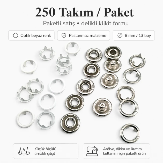 8 mm / 0.31 in Optical White Stainless Ring-Style Prong Snap Fasteners for babywear and light garments