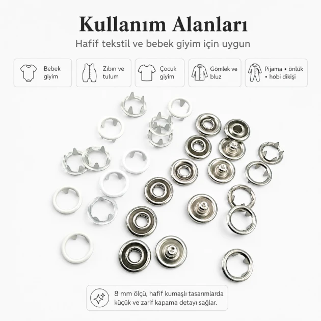 8 mm / 0.31 in Optical White Stainless Ring-Style Prong Snap Fasteners for babywear and light garments