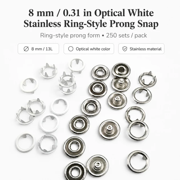 8 mm / 0.31 in Optical White Stainless Ring-Style Prong Snap Fasteners for babywear and light garments