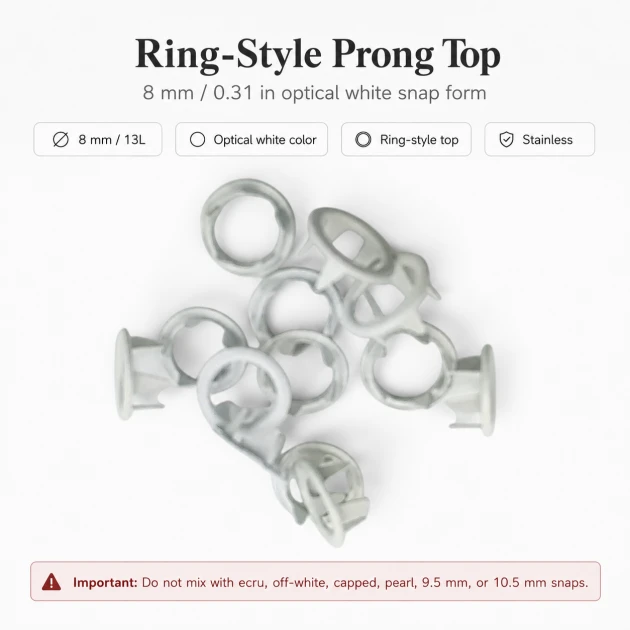 8 mm / 0.31 in Optical White Stainless Ring-Style Prong Snap Fasteners for babywear and light garments