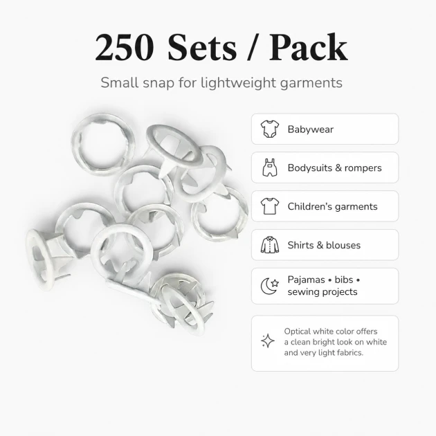 8 mm / 0.31 in Optical White Stainless Ring-Style Prong Snap Fasteners for babywear and light garments