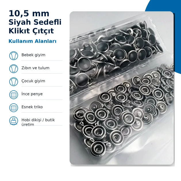 10.5 mm Black Pearl Stainless Prong Snap Fasteners for textile applications, 100 sets per pack