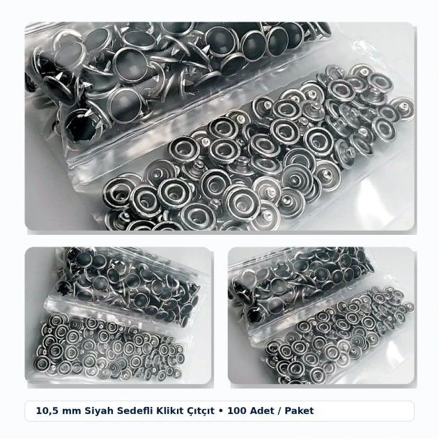 10.5 mm Black Pearl Stainless Prong Snap Fasteners for textile applications, 100 sets per pack