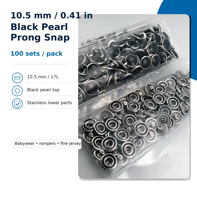 10.5 mm Black Pearl Stainless Prong Snap Fasteners for textile applications, 100 sets per pack