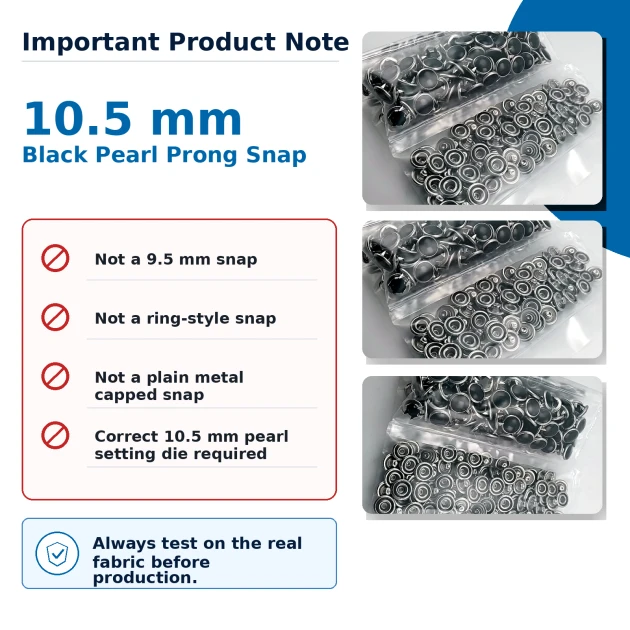 10.5 mm Black Pearl Stainless Prong Snap Fasteners for textile applications, 100 sets per pack