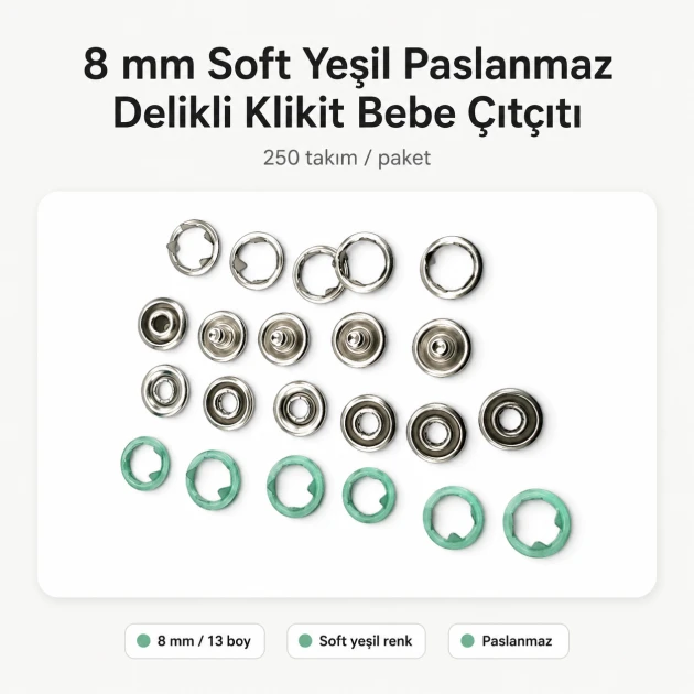 8 mm / 0.31 in Soft Green Stainless Ring-Style Prong Snap Fasteners for babywear and light garments