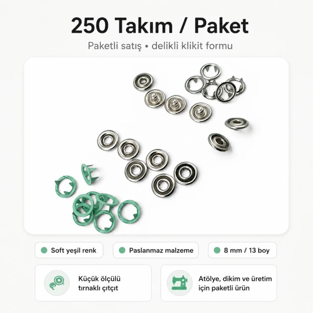 8 mm / 0.31 in Soft Green Stainless Ring-Style Prong Snap Fasteners for babywear and light garments
