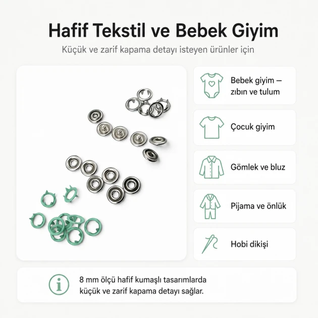 8 mm / 0.31 in Soft Green Stainless Ring-Style Prong Snap Fasteners for babywear and light garments