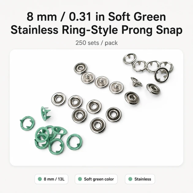8 mm / 0.31 in Soft Green Stainless Ring-Style Prong Snap Fasteners for babywear and light garments