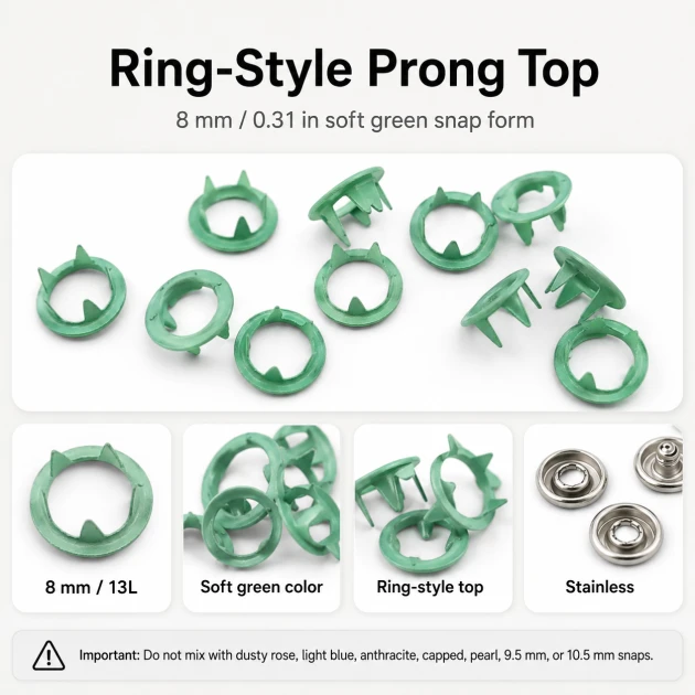 8 mm / 0.31 in Soft Green Stainless Ring-Style Prong Snap Fasteners for babywear and light garments