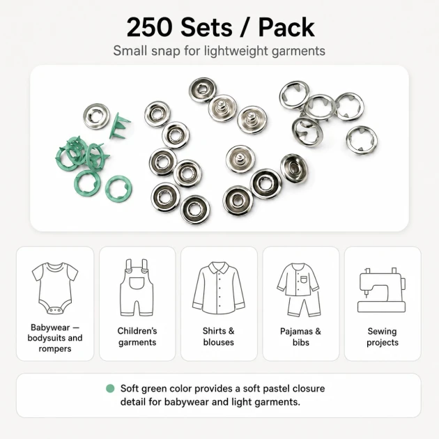 8 mm / 0.31 in Soft Green Stainless Ring-Style Prong Snap Fasteners for babywear and light garments