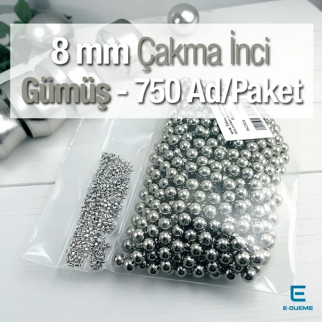 8 mm Çakma İnci Nikel Renk ( 750 ad / Paket)  INC0008SLN