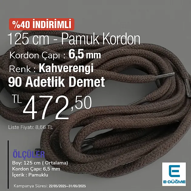 Yuvarlak Kordon 125 cm Pamuk Kahve Promosyonlu Satış PROMOYKRD00Brown