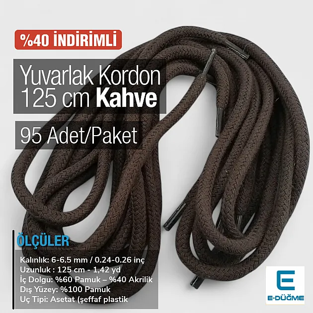 Yuvarlak Kordon 125 cm Pamuk Kahve Promosyonlu Satış PROMOYKRD00Brown