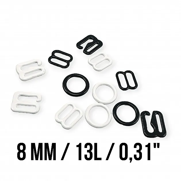 8 mm / 0.31" Bra Strap Adjustment Buckle - Hook and Ring Set of 3 Parts Metal Nylon Coated PIR720008