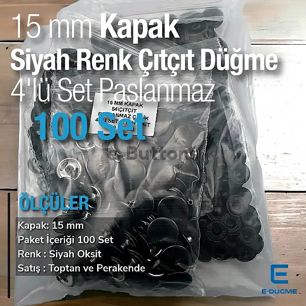 Snap Fasteners Stainless 15 mm - 0,59" Black Color 100 pcs/Pack C00016PPKSYH