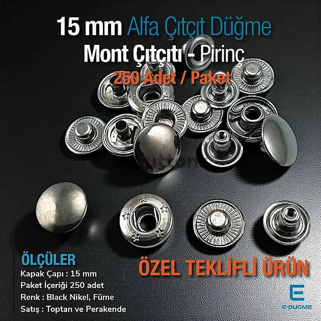 15 mm Jacket Snap Button - Alfa Snap Button Black Nickel Brass Snap Button C0001PRPROMO