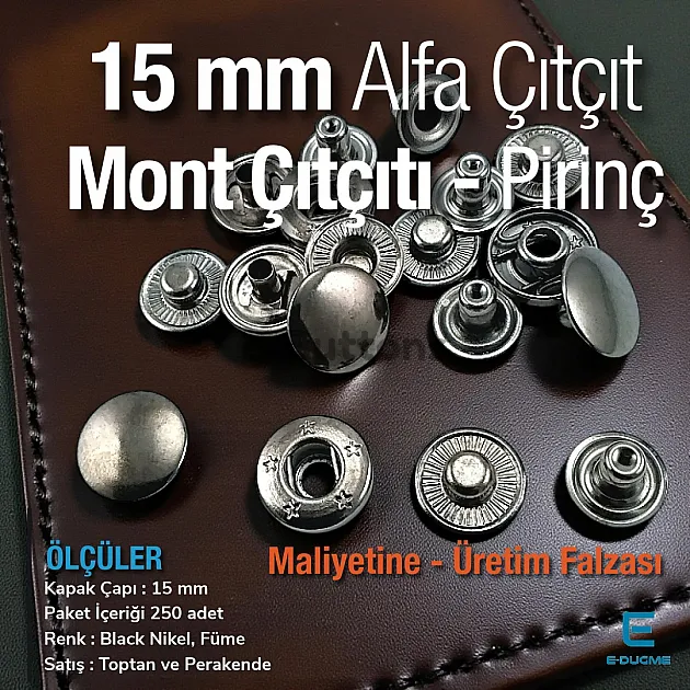15 mm Jacket Snap Button - Alfa Snap Button Black Nickel Brass Snap Button C0001PRPROMO