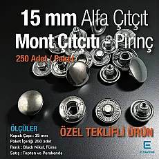 15 mm Mont Çıtçıtı - Alfa Çıt çıt Düğme Black Nikel Pirinç Çıtçıt Düğme 250 Ad/ Pack  C0001PRPROMO