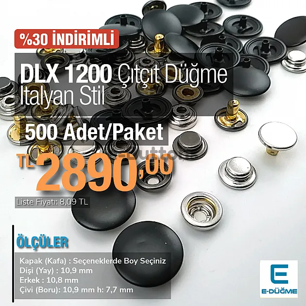 İtalyan Stil Bombeli Mont Çıtçıt Düğme 15 mm Kapaklı - Çıt Çıt Deluxe Serisi 1200 (500 Adet / Paket) DLX001200PROMO