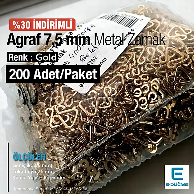 Agraf 7,5 mm Metal Zamak Promo Paket 200 Adet Gold Renk E 1762PROMO