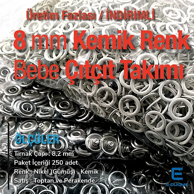 Bebe Çıt Çıtı8 mm Kemik Renk Klikıt Çıtçıt 250 Adet ERBCLK0008PKKemik