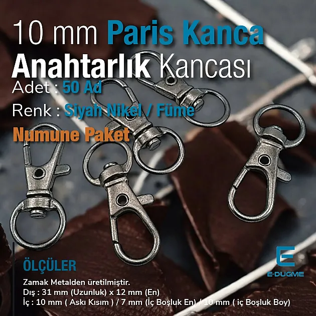 10 mm Paris Kanca Yaylı Döner Kancalar - Anahtarlık Kancası - Papağan Kanca (100 Adet/Paket) S1351