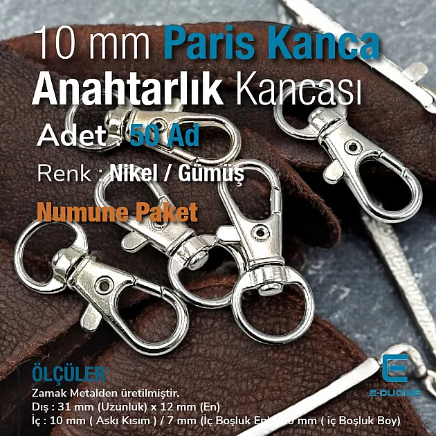 10 mm Paris Kanca Yaylı Döner Kancalar - Anahtarlık Kancası - Papağan Kanca (100 Adet/Paket) S1351
