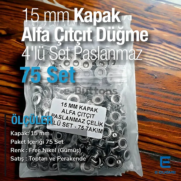 Alfa Stainless Snap Fasteners 15 mm Snap Button 75 Pcs/Pack C0001PPK