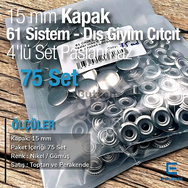 15 mm 61 Çıtçıt Düğme Paslanmaz Çelik Çıtçıt 75 Adet/Paket C0004P15PK