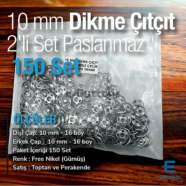 16L / 25/64" SewOn Snap fasteners 10 mm Stainless Steel 150 Pcs/Pack ERD100PR4PK