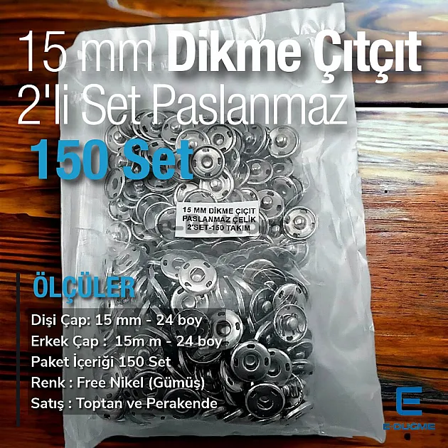 15 mm Sew Snap Button 24L 5/8" Stainless Steel 150 Pcs/Pack Four Holes ERD150P4PK