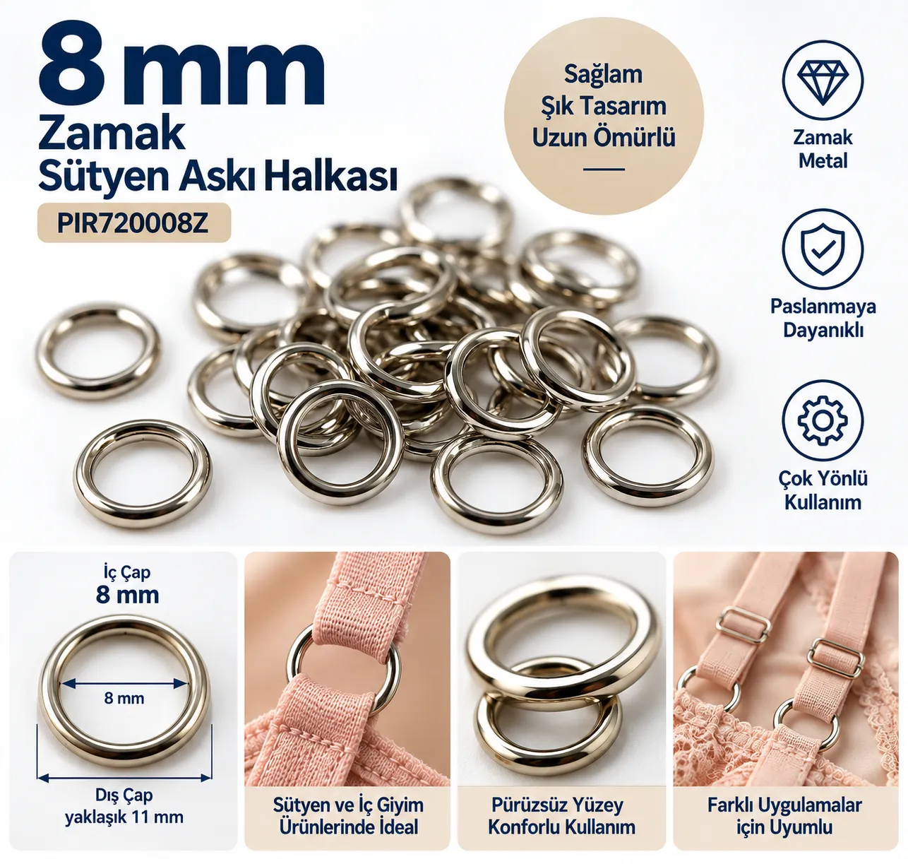 E-Buttons 8 mm sütyen bağlantı halkasının gerçek fotoğrafı E-Buttons 8 mm sütyen bağlantı halkasının gerçek fotoğrafı