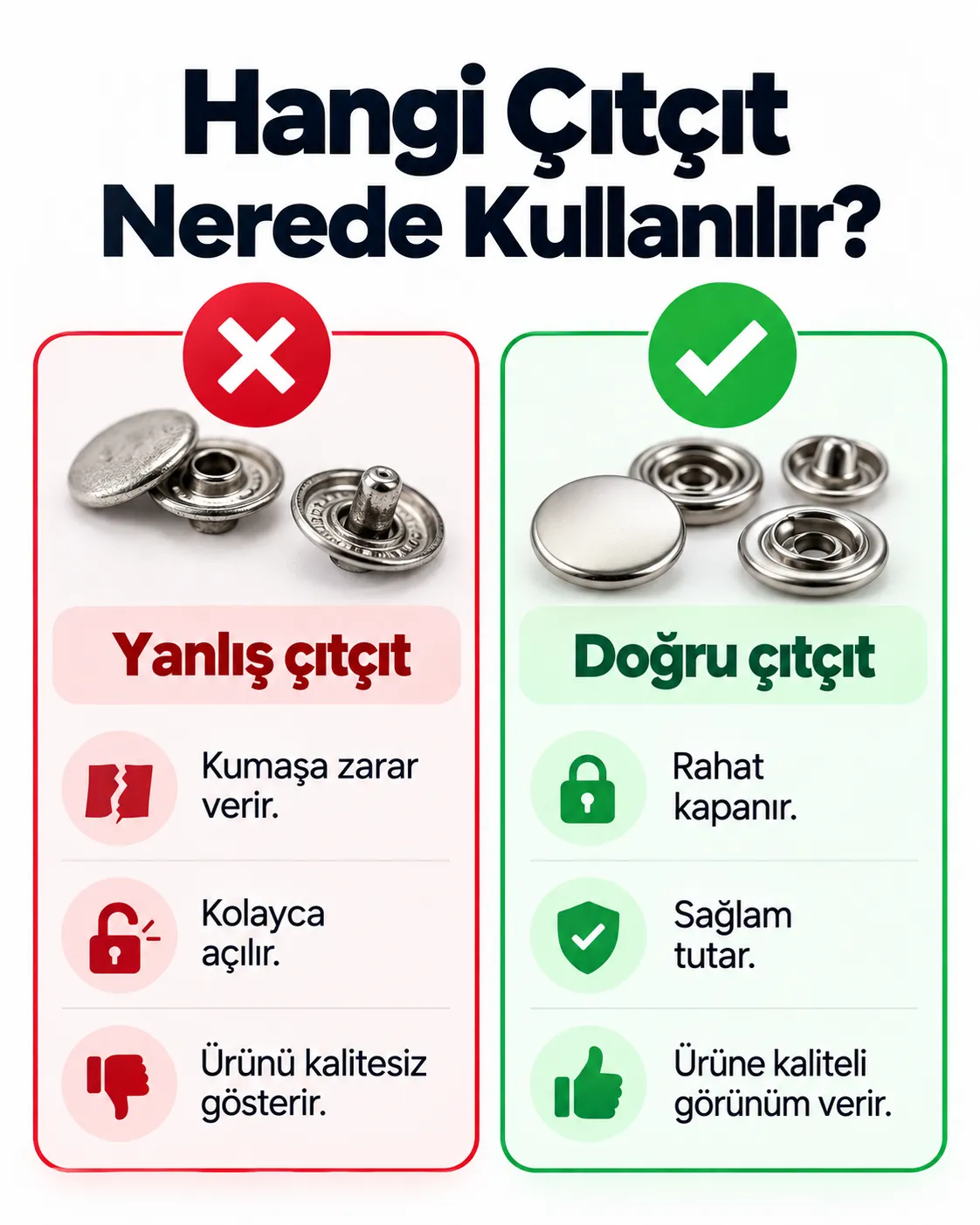 Correct and incorrect snap attachment Correct and incorrect snap attachment